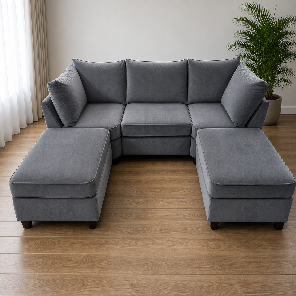 S.D Bishop Grey Plush Velvet U Shape Corner Sofa