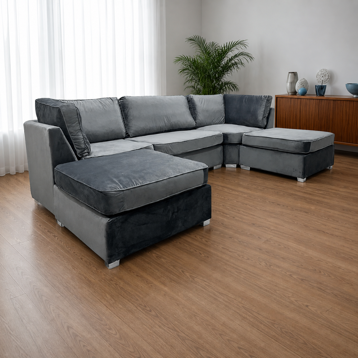 S.D Bishop Grey Plush Velvet U Shape Corner Sofa