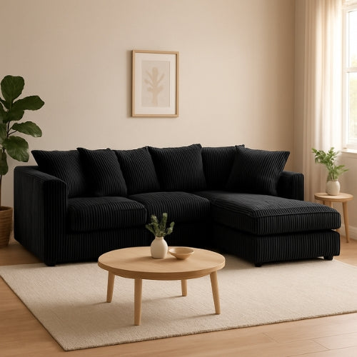 Luxor Fabric Corner Sofa Black | Soft Jumbo Cord 3-4 Seater Corner Sofa