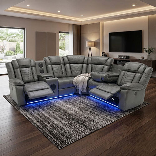 Michigan Zeus Leather Electric Recliners Corner Sofa With Cupholders  Bluetooth Speakers/LED Lights/USB Charging Ports/Storage
