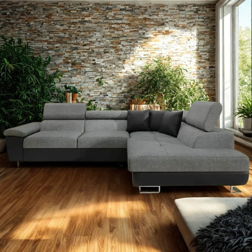 ANTON Black & Grey Fabric Corner Sofa Bed | Double Bed | large sofas settee for living Rooms | Left hand & Right hand side suite (RIGHT HAND SIDE/LEFT HAND SIDE)