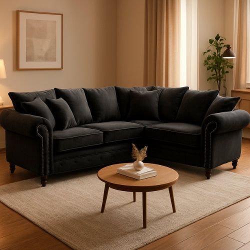 Kashmir Corner Sofa Black Plush Velvet