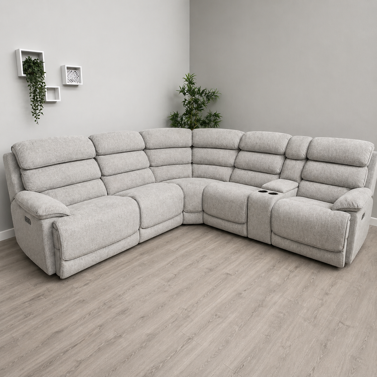 Lakelyn Fabric Recliner Corner Sofa, Light Grey, Upholstered with Storage Console| Electric| Bluetooth Fabric