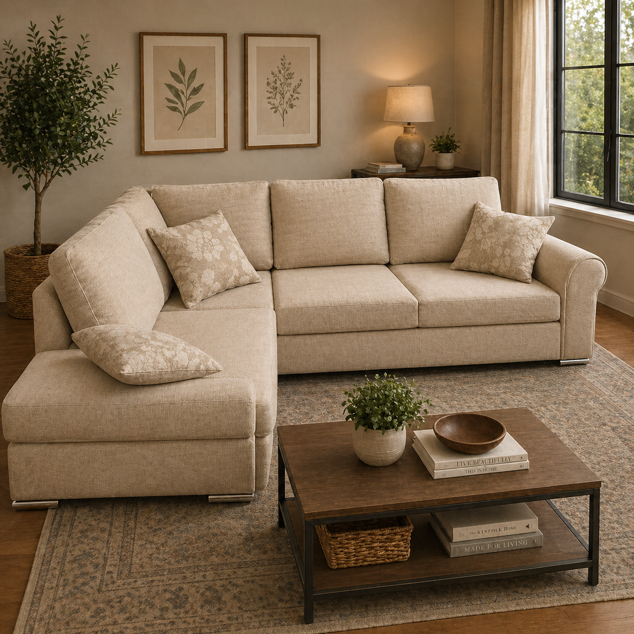 Paris Floral Beige 4 Seater Corner Sofa