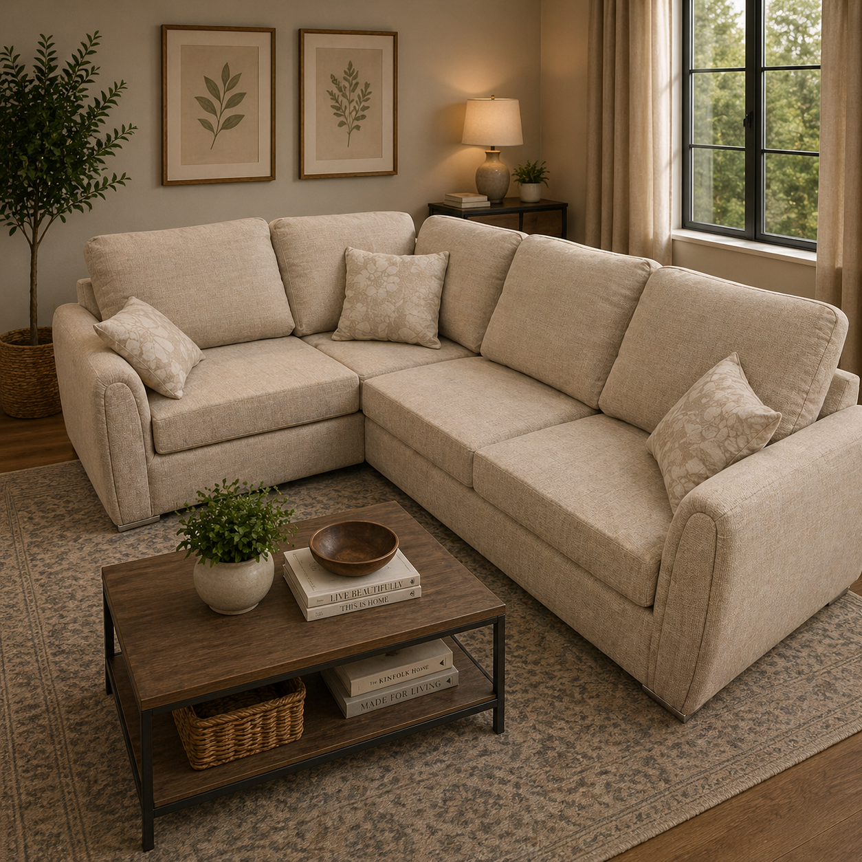 Paris Floral Beige 4 Seater Corner Sofa