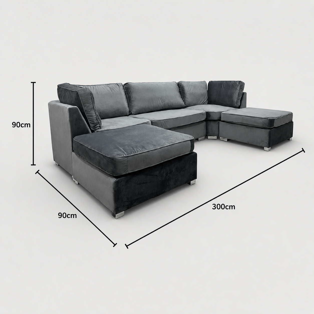 S.D Bishop Grey Plush Velvet U Shape Corner Sofa