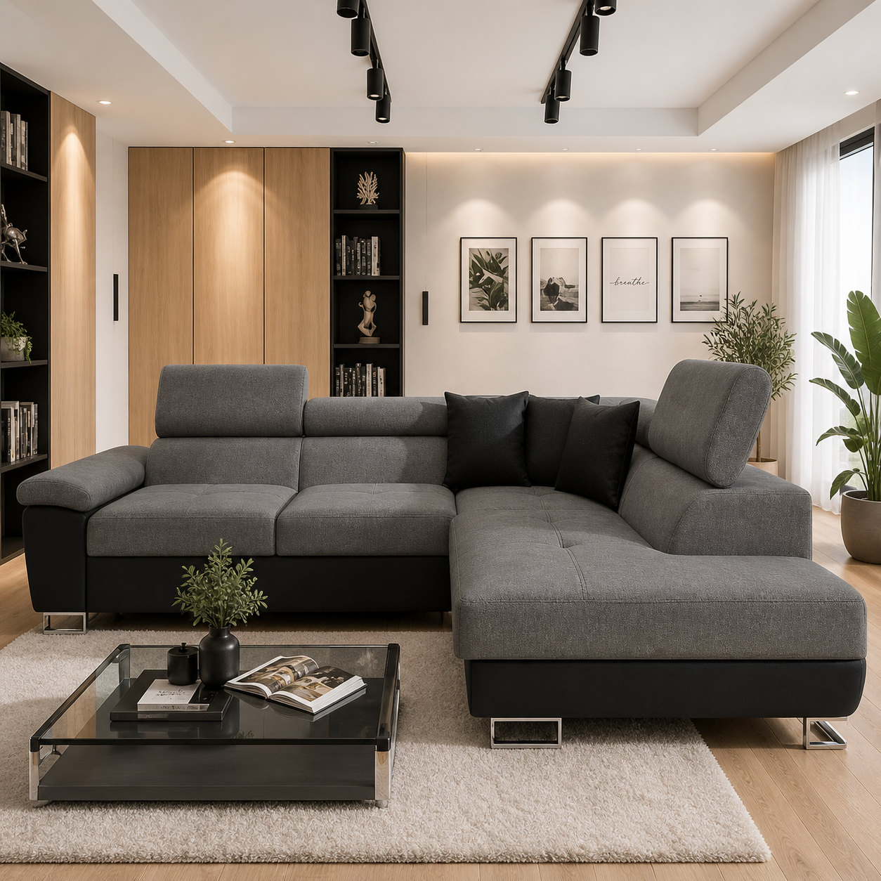 ANTON Black & Grey Fabric Corner Sofa Bed | Double Bed