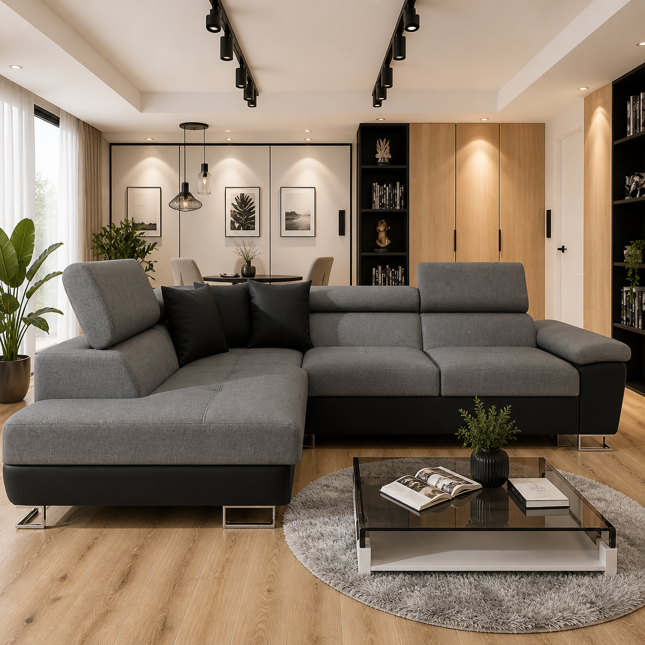 ANTON Black & Grey Fabric Corner Sofa Bed | Double Bed