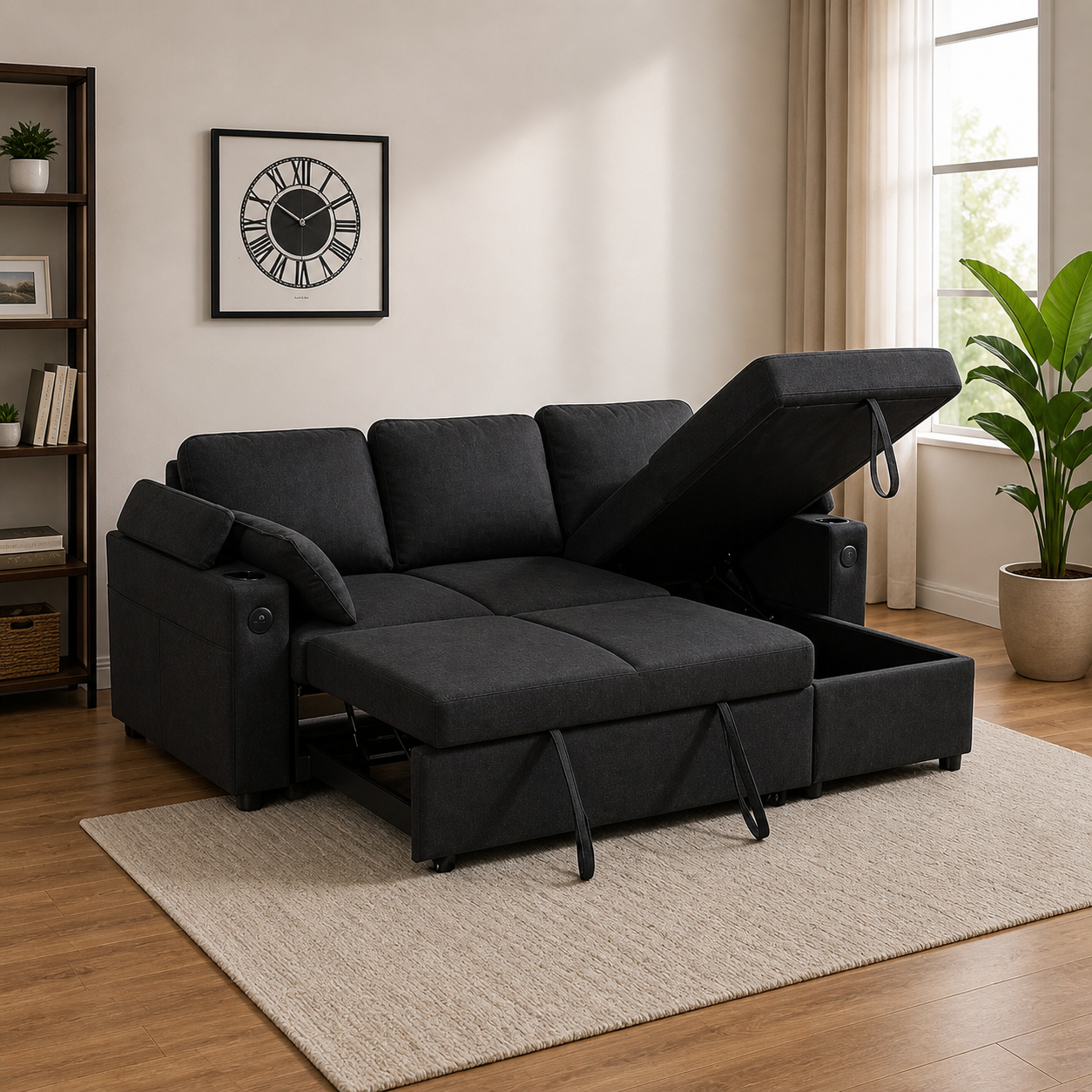 Francesca Sofa Bed (Universal) in Grey fabric  USB  Storage  Cuphoders  Bed  Magazine Pocket