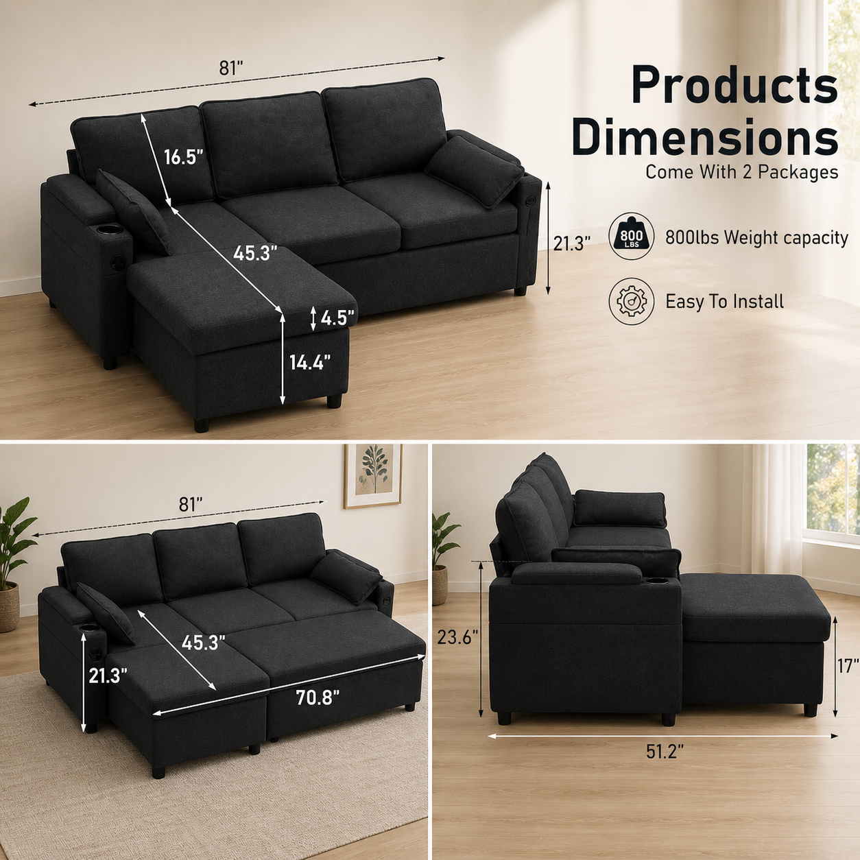 Francesca Sofa Bed (Universal) in Grey fabric  USB  Storage  Cuphoders  Bed  Magazine Pocket