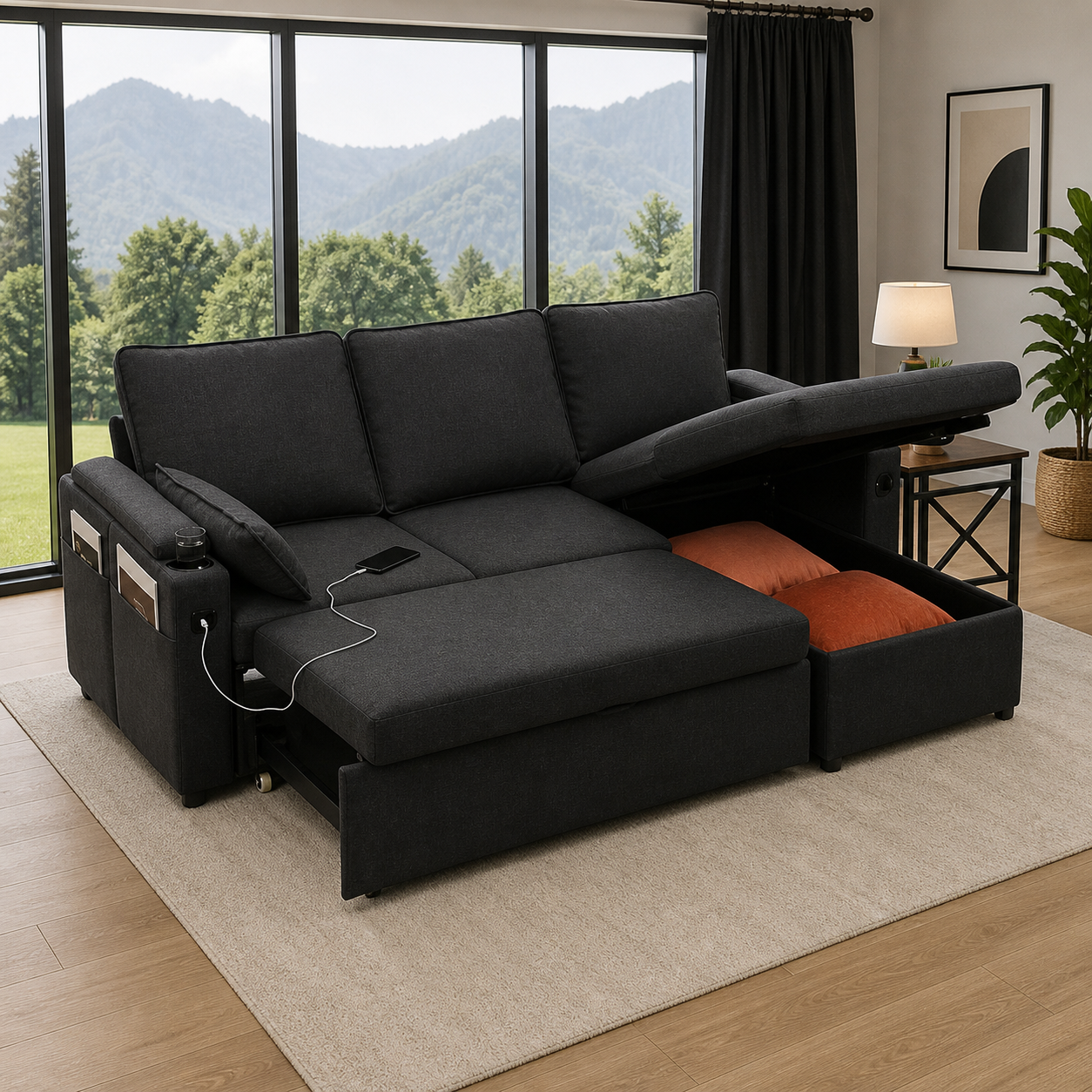 Francesca Sofa Bed (Universal) in Grey fabric  USB  Storage  Cuphoders  Bed  Magazine Pocket