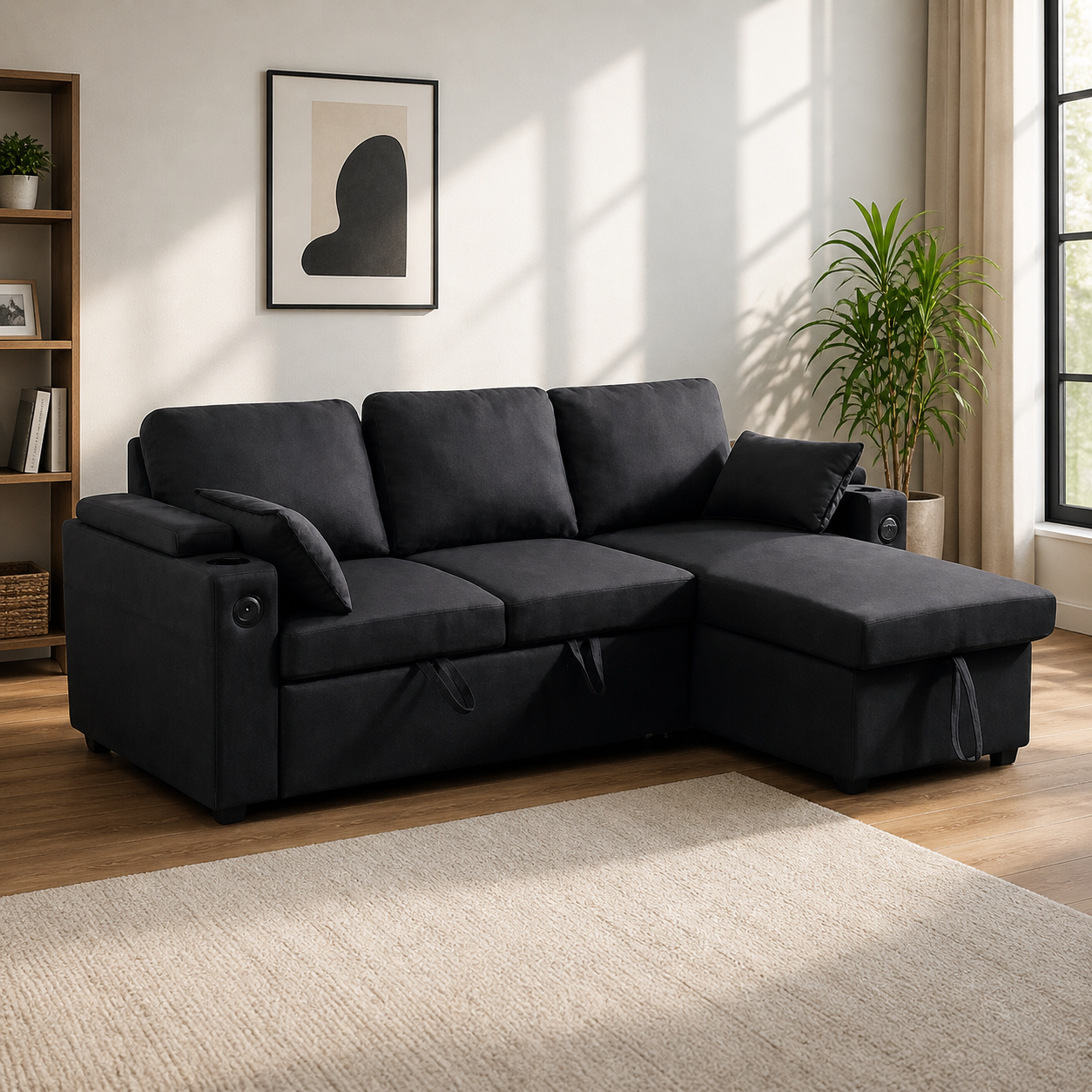Francesca Sofa Bed (Universal) in Grey fabric  USB  Storage  Cuphoders  Bed  Magazine Pocket