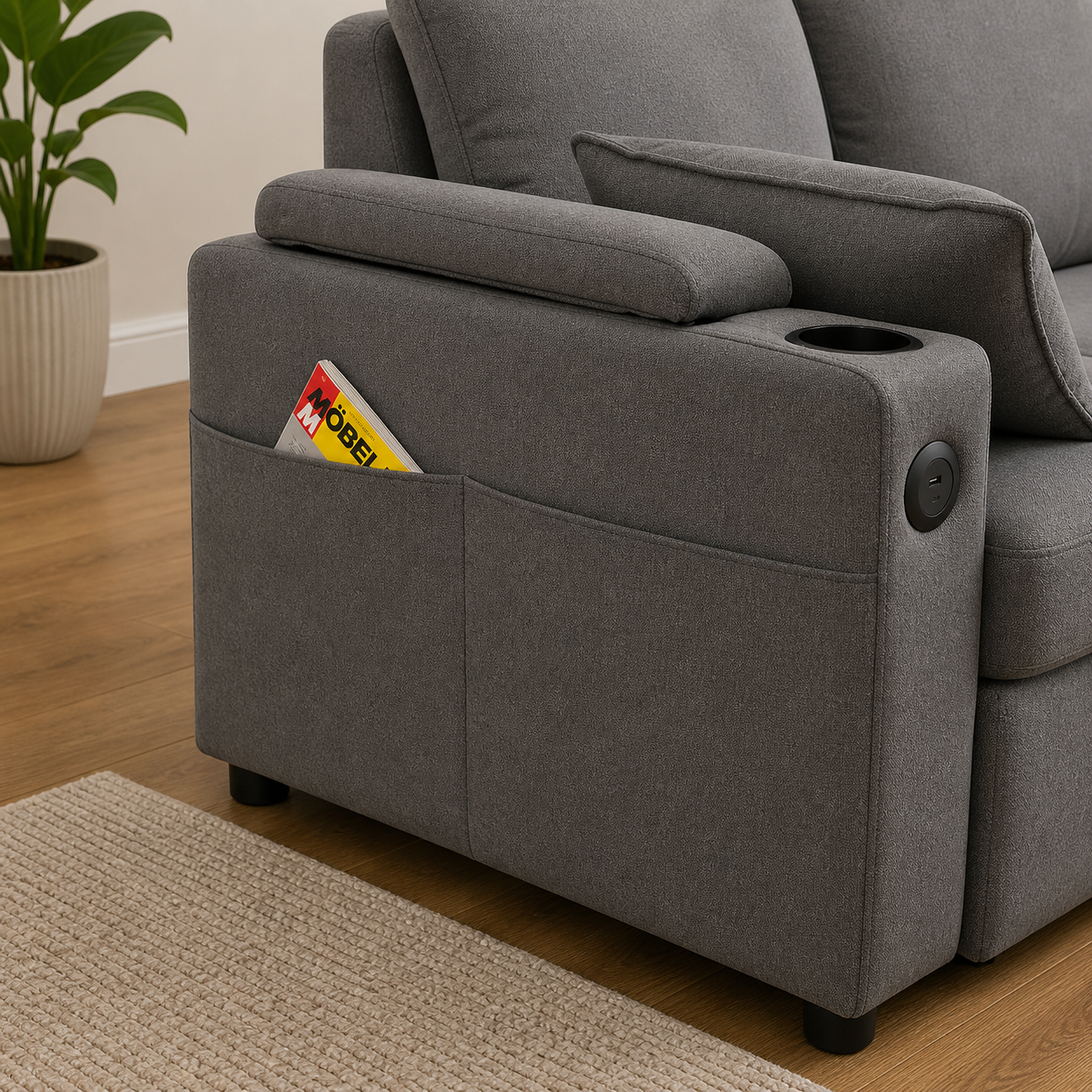 Francesca Sofa Bed (Universal) in Grey fabric  USB  Storage  Cuphoders  Bed  Magazine Pocket