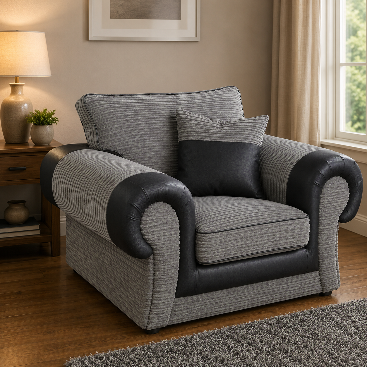 Tango 3+2 Seater Sofa Set – Jumbo Cord Fabric with Leather Detail