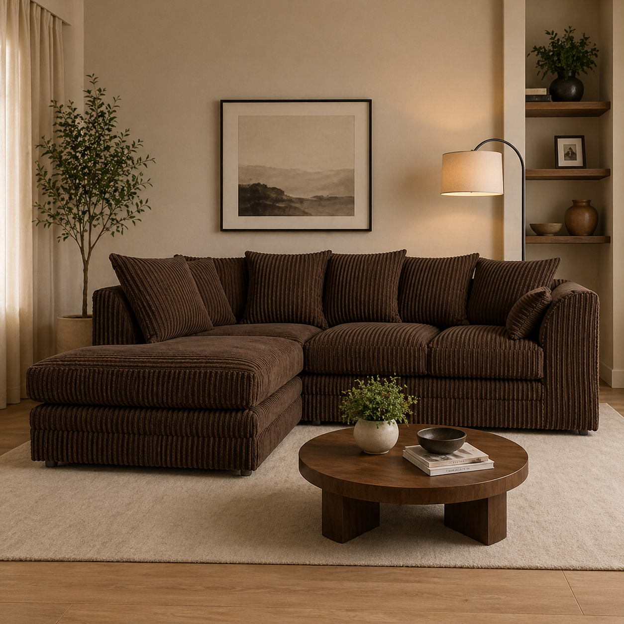 Luxor Fabric Corner Sofa Chocolate | Soft Jumbo Cord 3-4 Seater Corner Sofa