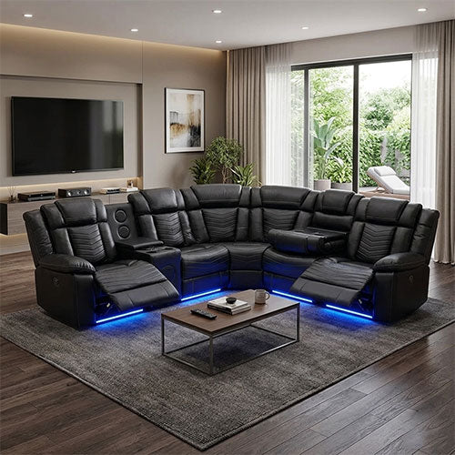 Michigan Zeus Leather Electric Recliners Corner Sofa With Cupholders  Bluetooth Speakers/LED Lights/USB Charging Ports/Storage