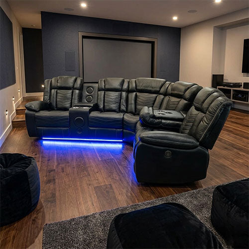 Michigan Zeus Leather Electric Recliners Corner Sofa With Cupholders  Bluetooth Speakers/LED Lights/USB Charging Ports/Storage